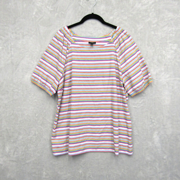 Talbots Top Womens XL P Rainbow Striped Puff Short Sleeve Round Neck Cotton - Picture 1 of 11